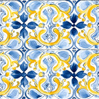 mediterranean tilework, azure blue, lemon yellow, floral motifs, geometric patterns, decorative tiles, ornate design, botanical elements, flowing scrollwork, italian ceramics, majolica style, repeating pattern,, fabric panel, artisanal design, european influence, decorative arts, ornamental flourishes, ceramic inspired