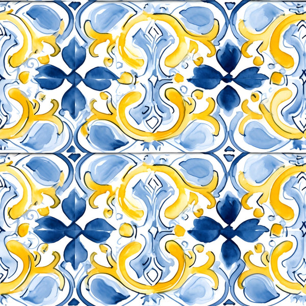mediterranean tilework, azure blue, lemon yellow, floral motifs, geometric patterns, decorative tiles, ornate design, botanical elements, flowing scrollwork, italian ceramics, majolica style, repeating pattern,, fabric panel, artisanal design, european influence, decorative arts, ornamental flourishes, ceramic inspired