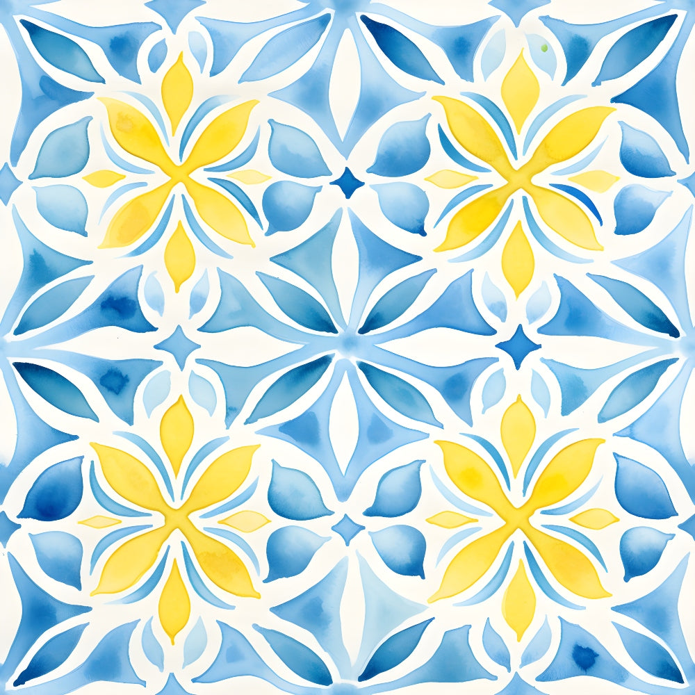 mediterranean pattern, azure blue, lemon yellow, white accents, geometric florals, tile motif, watercolor style, quatrefoil design, mosaic pattern,, fabric panel, ornamental design, decorative tiles, flowing petals, symmetrical repeats, coastal vibes, artistic watercolor, intricate geometry, stylized flowers