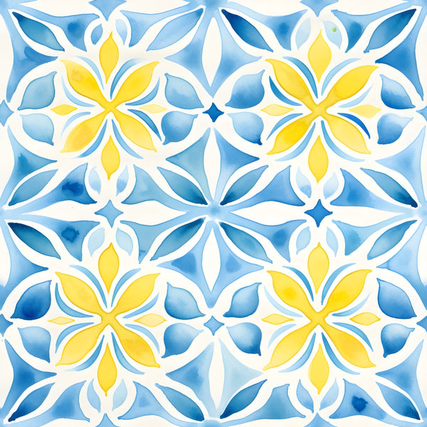 mediterranean pattern, azure blue, lemon yellow, white accents, geometric florals, tile motif, watercolor style, quatrefoil design, mosaic pattern,, fabric panel, ornamental design, decorative tiles, flowing petals, symmetrical repeats, coastal vibes, artistic watercolor, intricate geometry, stylized flowers