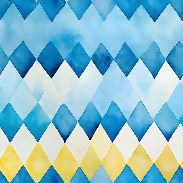 azure blue, lemon yellow, chevron pattern, geometric design, diamond shapes, watercolor effect, ombre gradient, mediterranean colors,, fabric panel, ocean waves, zigzag stripes, alternating diamonds, coastal theme, summer palette, triangular motifs, layered chevrons, sky blue, sunshine yellow, repeating pattern