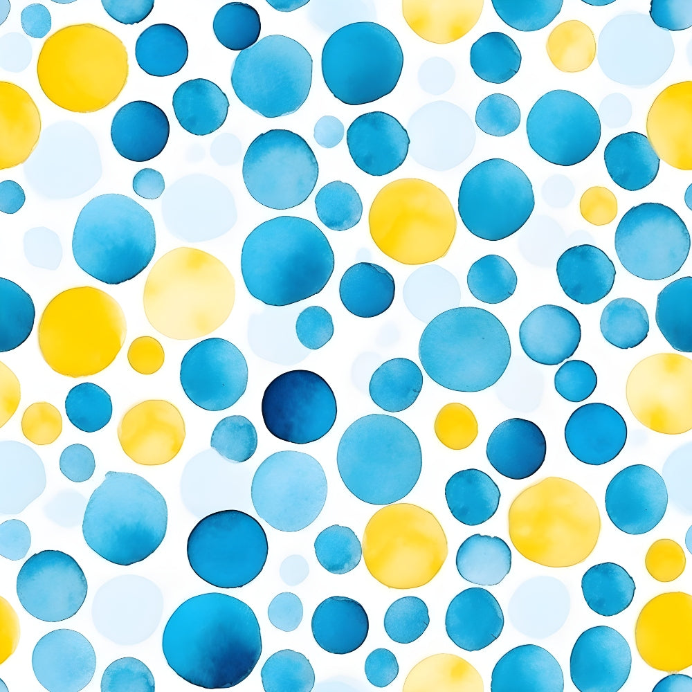 azure blue, lemon yellow, pale blue, navy blue, watercolor circles, polka dots, scattered bubbles, abstract dots, varying sizes, mediterranean colors, watercolor effect, soft gradients, geometric pattern,, fabric panel, cheerful mood, summer palette, citrus tones, ocean blues, random placement