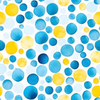 azure blue, lemon yellow, pale blue, navy blue, watercolor circles, polka dots, scattered bubbles, abstract dots, varying sizes, mediterranean colors, watercolor effect, soft gradients, geometric pattern,, fabric panel, cheerful mood, summer palette, citrus tones, ocean blues, random placement