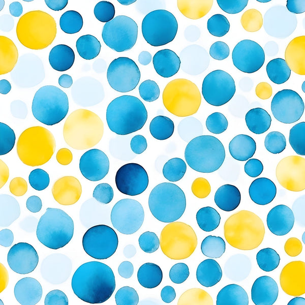 azure blue, lemon yellow, pale blue, navy blue, watercolor circles, polka dots, scattered bubbles, abstract dots, varying sizes, mediterranean colors, watercolor effect, soft gradients, geometric pattern,, fabric panel, cheerful mood, summer palette, citrus tones, ocean blues, random placement