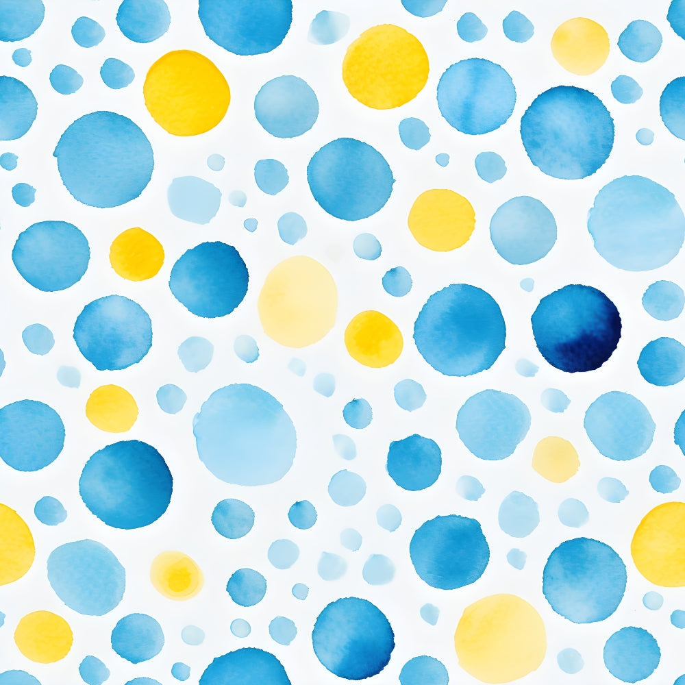 azure blue, lemon yellow, watercolor circles, polka dot pattern, scattered dots, various sizes, mediterranean colors, bright yellow, sky blue, pale blue, watercolor texture, abstract design, cheerful mood,, fabric panel, summer vibes, coastal theme, organic shapes, hand-painted style, contemporary pattern
