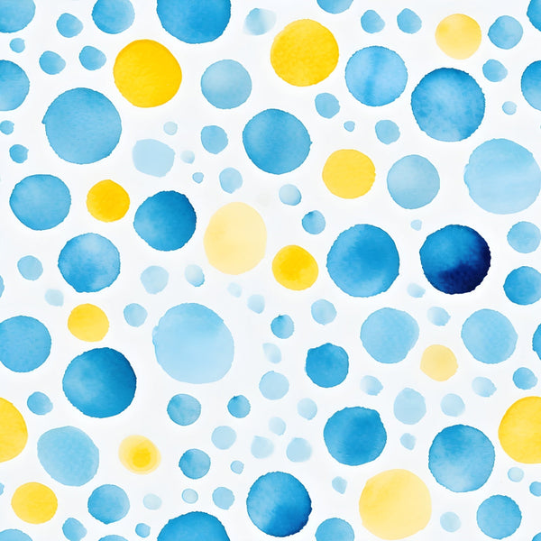 azure blue, lemon yellow, watercolor circles, polka dot pattern, scattered dots, various sizes, mediterranean colors, bright yellow, sky blue, pale blue, watercolor texture, abstract design, cheerful mood,, fabric panel, summer vibes, coastal theme, organic shapes, hand-painted style, contemporary pattern