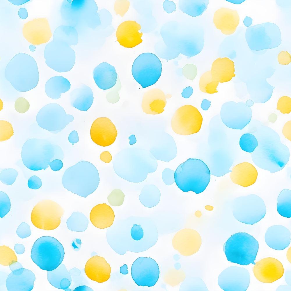 azure blue, lemon yellow, watercolor circles, polka dots, scattered pattern, soft pastels, light green accents, organic shapes, whimsical design,, fabric panel, mediterranean colors, dreamy atmosphere, hand-painted style, circular motifs, summery palette, gentle blending, artistic spots, flowing pattern, cotton fabric
