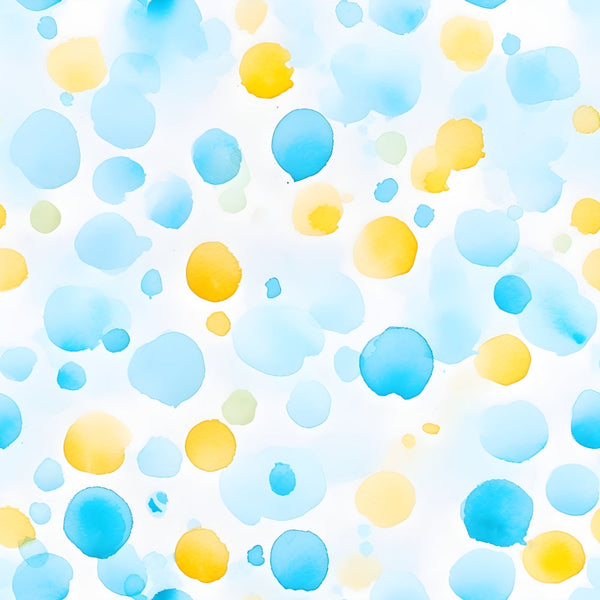 azure blue, lemon yellow, watercolor circles, polka dots, scattered pattern, soft pastels, light green accents, organic shapes, whimsical design,, fabric panel, mediterranean colors, dreamy atmosphere, hand-painted style, circular motifs, summery palette, gentle blending, artistic spots, flowing pattern, cotton fabric