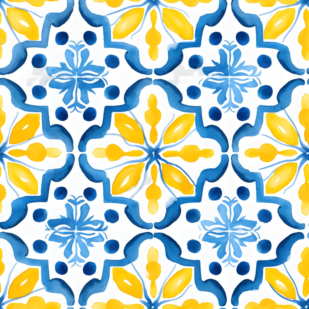 mediterranean tile, lemon yellow, azure blue, white background, geometric pattern, floral motifs, repeating design, moroccan style, ornamental, decorative elements,, fabric panel, bright colors, symmetrical pattern, botanical accents, mosaic inspired, intricate details, vibrant yellow, coastal theme, seamless repeat