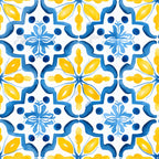 mediterranean tile, lemon yellow, azure blue, white background, geometric pattern, floral motifs, repeating design, moroccan style, ornamental, decorative elements,, fabric panel, bright colors, symmetrical pattern, botanical accents, mosaic inspired, intricate details, vibrant yellow, coastal theme, seamless repeat