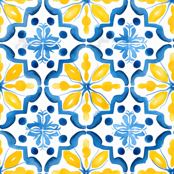 mediterranean tile, lemon yellow, azure blue, white background, geometric pattern, floral motifs, repeating design, moroccan style, ornamental, decorative elements,, fabric panel, bright colors, symmetrical pattern, botanical accents, mosaic inspired, intricate details, vibrant yellow, coastal theme, seamless repeat