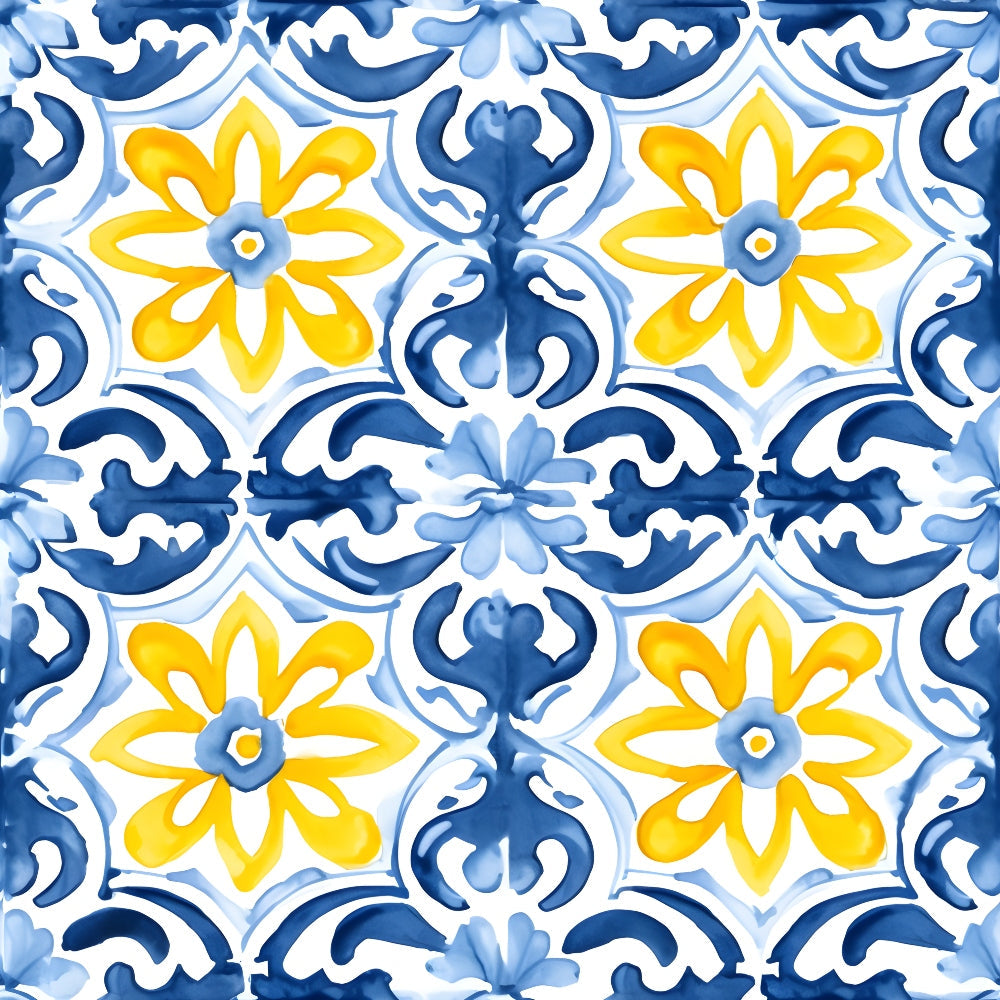 mediterranean tiles, azure blue, lemon yellow, white background, floral motifs, geometric pattern, repeating design, ornate scrollwork, decorative elements,, fabric panel, watercolor style, european inspired, ceramic tile look, botanical flowers, intricate details, seamless repeat, bright colors, decorative arts