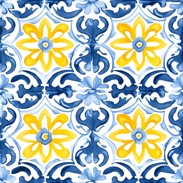 mediterranean tiles, azure blue, lemon yellow, white background, floral motifs, geometric pattern, repeating design, ornate scrollwork, decorative elements,, fabric panel, watercolor style, european inspired, ceramic tile look, botanical flowers, intricate details, seamless repeat, bright colors, decorative arts