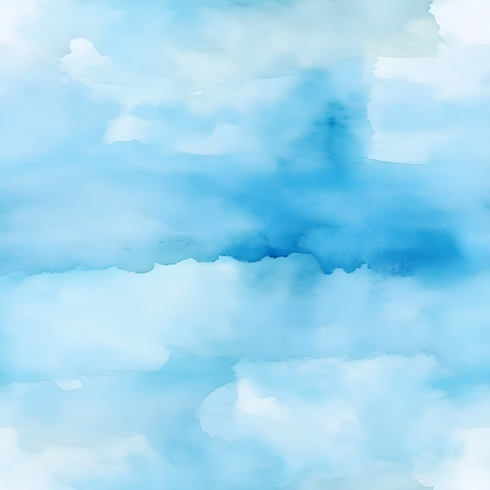 azure blue, sky blue, white, watercolor clouds, abstract clouds, soft wash, dreamy atmosphere, cotton fabric, quilting panel, serene mood, peaceful sky, flowing paint, artistic blending, light blue tones, heavenly scene, tranquil design, airy texture, mediterranean blue, pastel palette