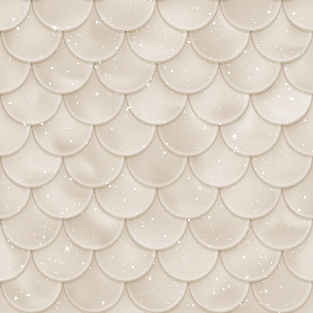 mermaid scales, scalloped pattern, beige, cream, neutral tones, shimmer effect, sparkles, geometric design, overlapping scales,, fabric panel, ocean inspired, fish scales, repeating pattern, soft texture, natural colors, sea creature motif, dimensional appearance, crafting fabric, sewing material