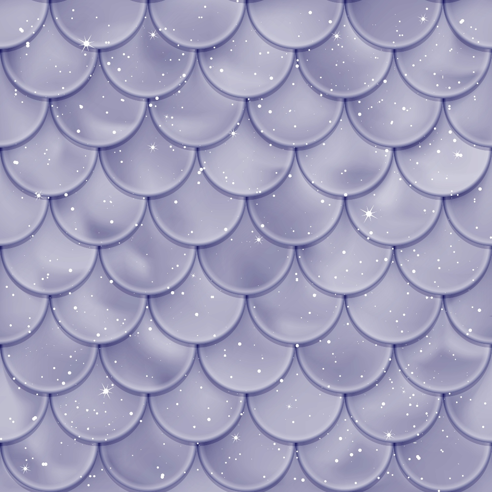 lavender, purple, lilac, mermaid scales, fish scales, scalloped pattern, overlapping circles, sparkles, glittery dots, star accents, shimmery effect,, fabric panel, whimsical, magical, fantasy themed, ocean inspired, gradient shading, dimensional appearance, mystical