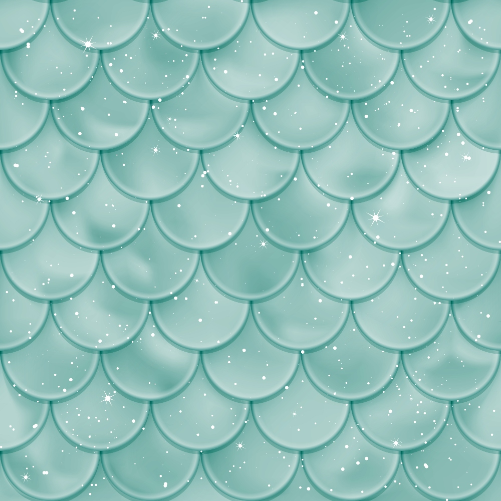mermaid scales, turquoise, teal, aqua, mint green, sea green, scalloped pattern, overlapping scales, sparkling dots, shimmering effect, star accents, ocean theme, underwater, nautical, fantasy, whimsical,, fabric panel, seamless pattern, fish scales