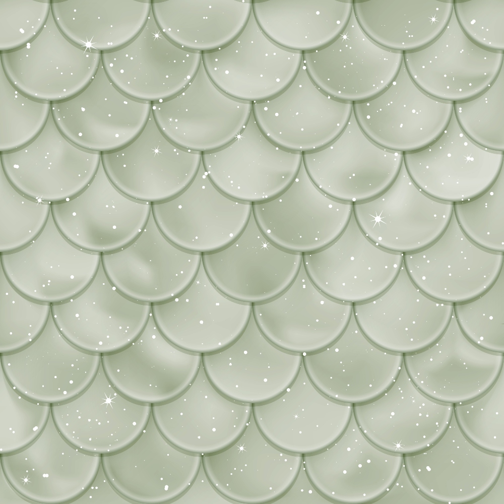 sage green, mint green, seafoam, mermaid scales, scalloped pattern, overlapping scales, shimmer effect, sparkles, star accents, ocean themed, aquatic pattern, geometric scales,, fabric panel, underwater motif, mythical creature, fantasy theme, sea green, iridescent look, repeating pattern