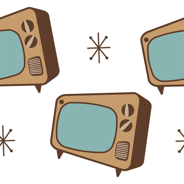 mid-century modern, retro televisions, vintage tvs, starburst motifs, atomic age, turquoise blue, tan brown, cream background, 1950s style, nostalgic electronics, geometric stars,, fabric panel, retro appliances, modernist design, vintage technology, atomic era, sleek lines, minimalist illustration
