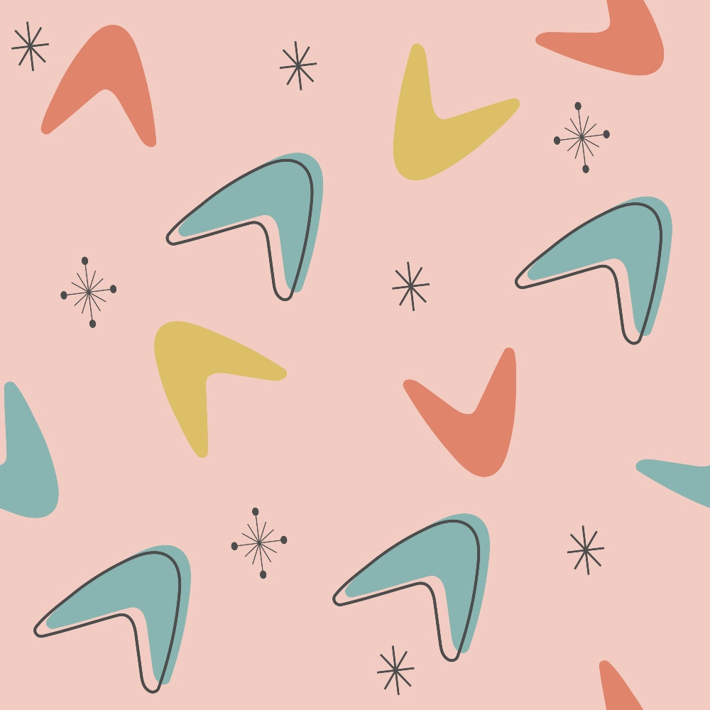 pink background, coral orange, sage green, yellow ochre, teal blue, boomerang shapes, atomic starburst, mid-century modern, retro design, geometric pattern, abstract shapes, 1950s style,, fabric panel, vintage inspired, modernist motifs, space age design, scattered pattern, pastel palette, contemporary quilting
