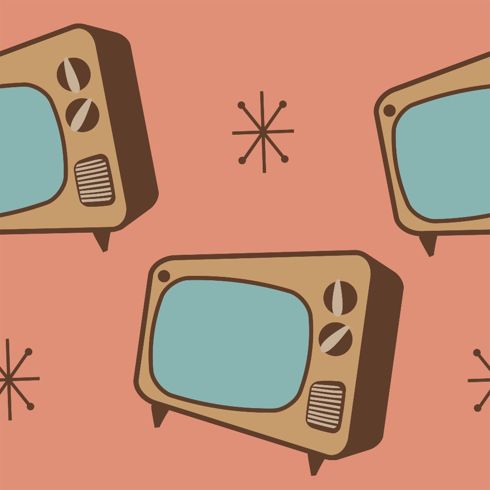 coral pink, turquoise, beige, retro televisions, vintage tv sets, mid-century modern, atomic starbursts, 1950s style, nostalgic electronics, geometric patterns,, fabric panel, retro appliances, vintage design, mid-mod aesthetic, salmon background, teal screens, brown accents, atomic age, retro motifs