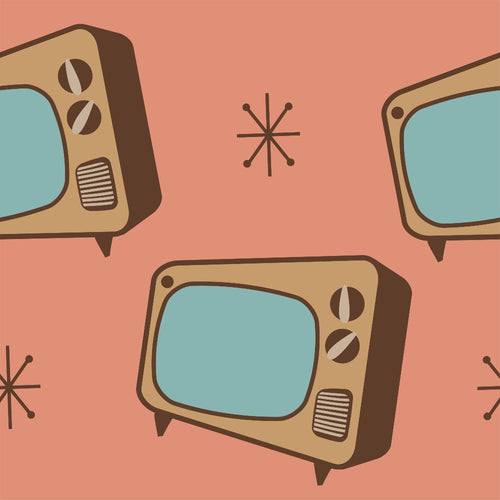 coral pink, turquoise, beige, retro televisions, vintage tv sets, mid-century modern, atomic starbursts, 1950s style, nostalgic electronics, geometric patterns,, fabric panel, retro appliances, vintage design, mid-mod aesthetic, salmon background, teal screens, brown accents, atomic age, retro motifs