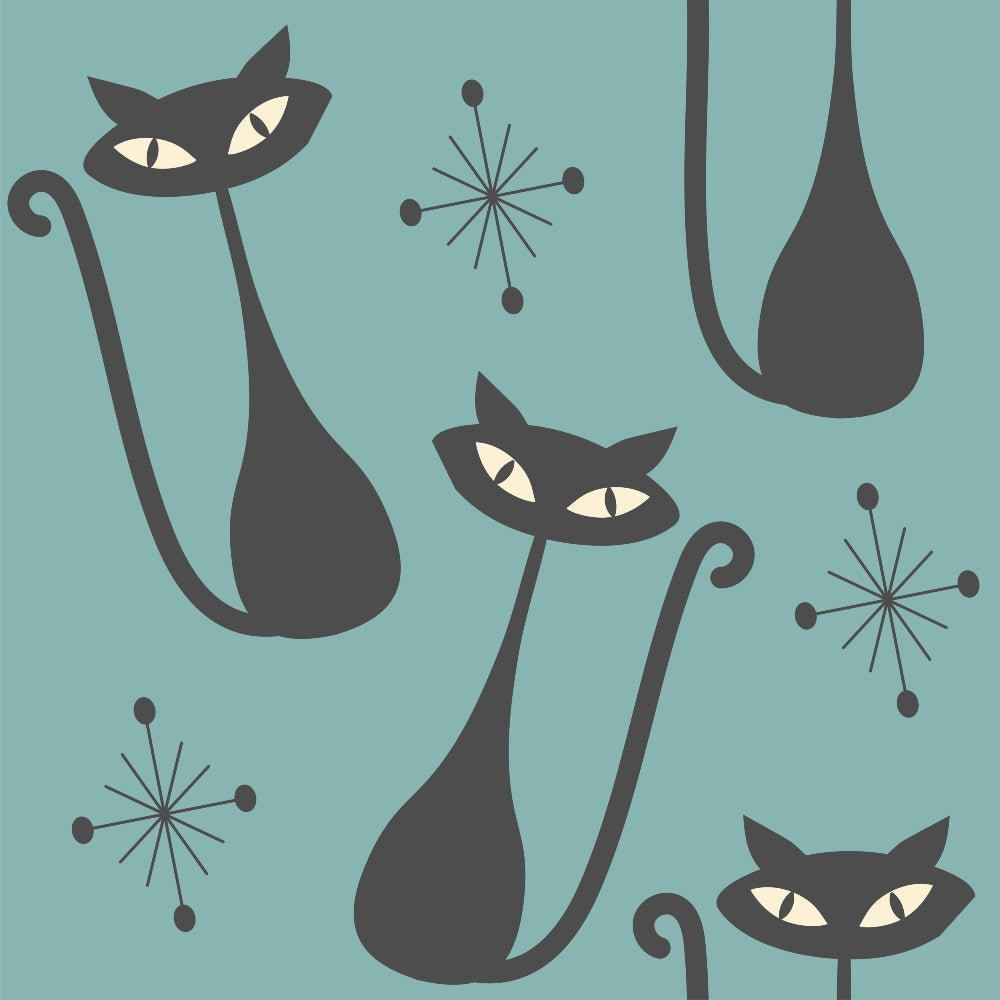 turquoise background, charcoal gray, cream eyes, stylized cats, elongated silhouettes, atomic starbursts, mid-century modern, retro design, geometric shapes, angular cats, starburst motifs,, fabric panel, 1950s style, minimalist cats, modern felines, atomic age, sleek silhouettes, retro cats, modernist pattern