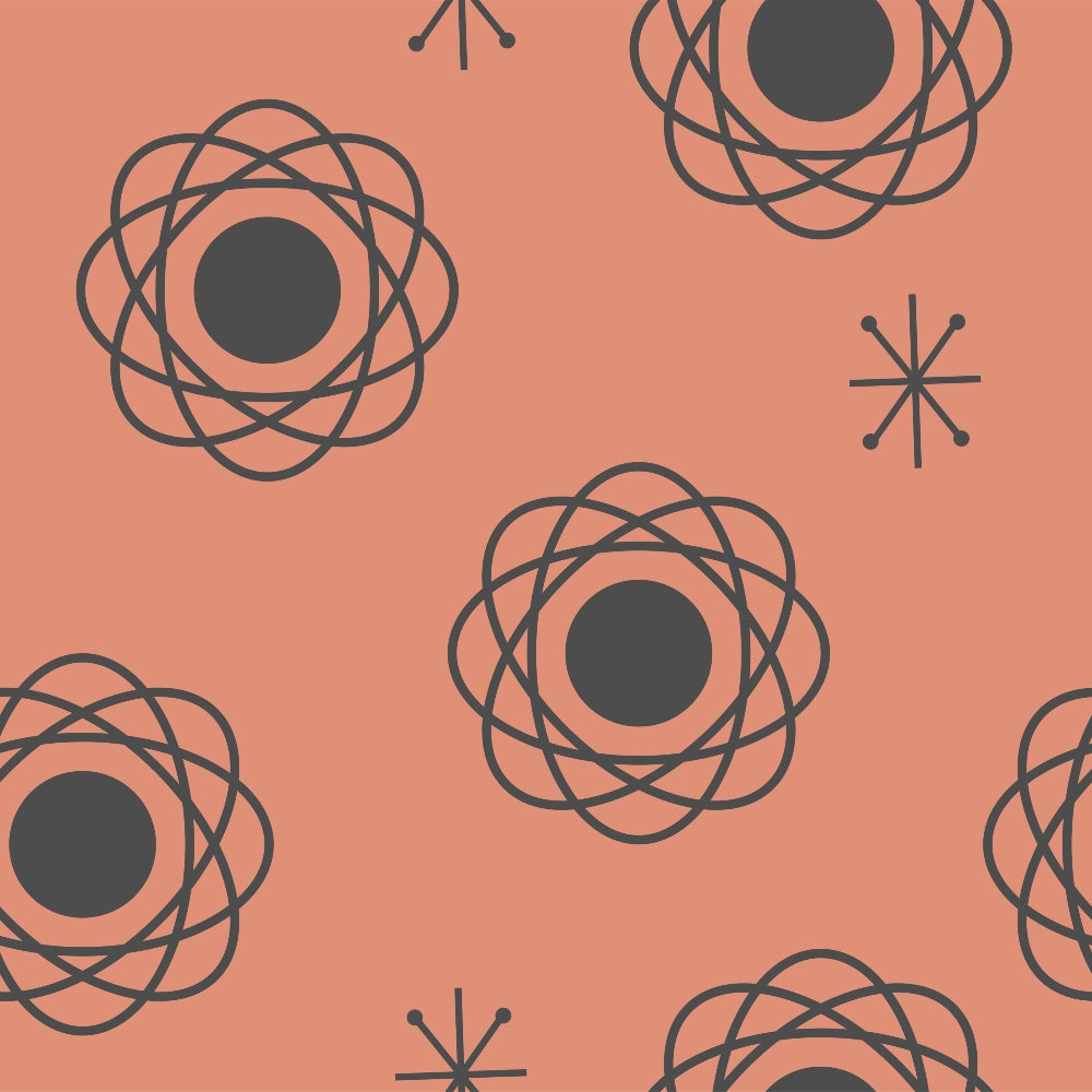 coral background, salmon pink, atomic symbols, mid-century modern, geometric pattern, atomic age, retro design, starburst motifs, scientific imagery, 1950s style, space age, molecular structures, modernist aesthetic,, fabric panel, atomic era, circular designs, vintage modern, orbital patterns, nuclear symbols