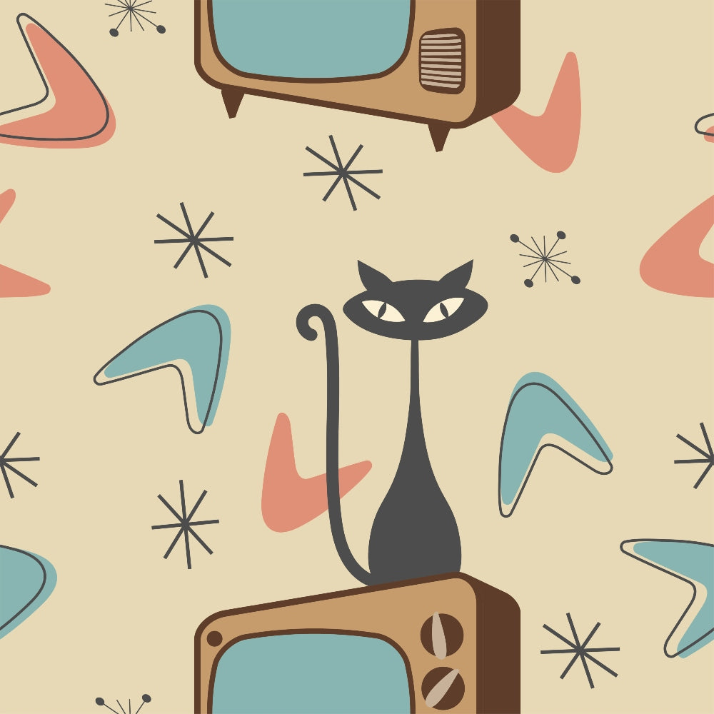 mid-century modern, retro television, black cat, atomic starbursts, boomerang shapes, turquoise blue, coral pink, beige cream, charcoal gray, geometric pattern, 1950s style, vintage design, atomic age, angular shapes, minimalist illustration,, fabric panel, retro kitsch, space age motifs
