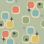 sage green, coral orange, teal blue, mustard yellow, cream, charcoal gray, rounded squares, geometric shapes, starburst motifs, atomic stars, retro circles, mid-century modern, vintage style, abstract pattern,, fabric panel, 1950s inspired, modernist design, scattered layout, muted palette