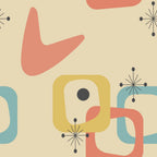mid-century modern, atomic starburst, geometric shapes, coral pink, mustard yellow, teal blue, cream background, boomerang shapes, retro pattern, abstract design,, fabric panel, 1950s style, modernist motif, kidney shapes, starburst elements, vintage inspired, organic forms, pastel palette, contemporary quilting
