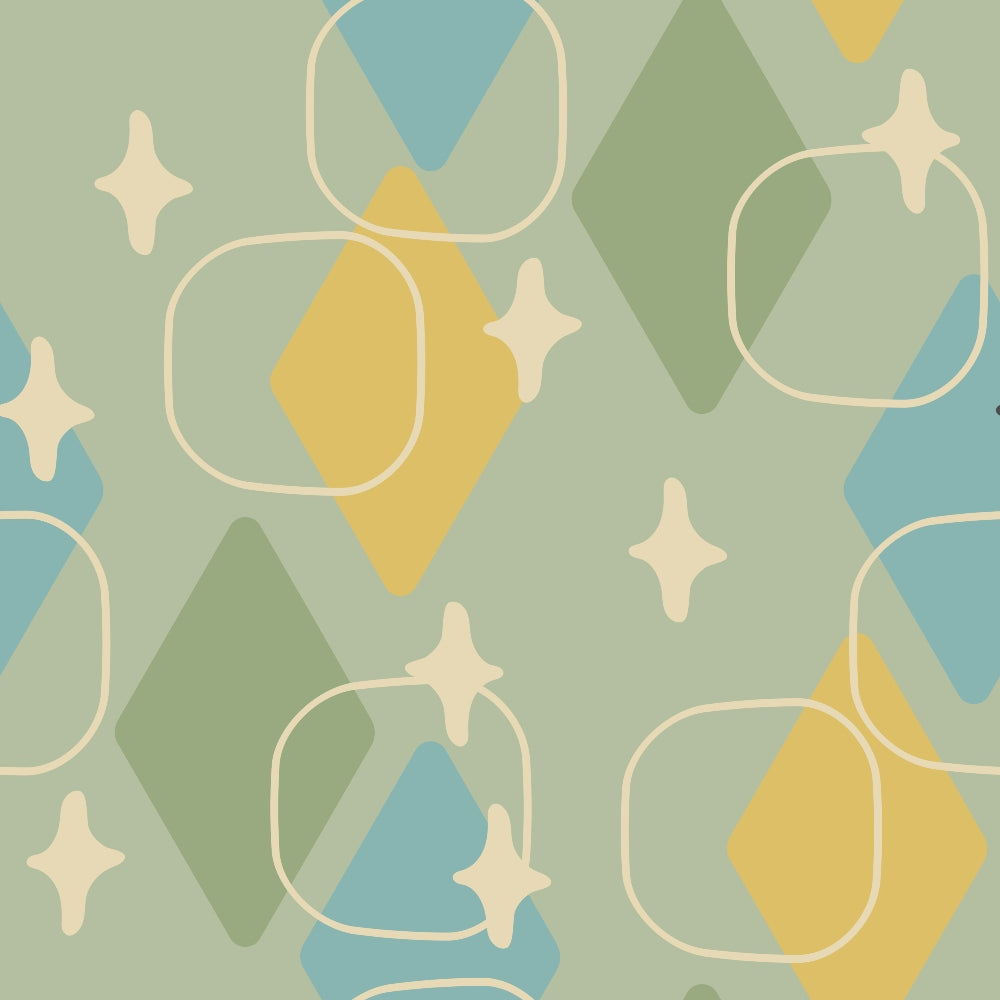 sage green, mustard yellow, dusty blue, cream, geometric shapes, rounded squares, diamond motifs, triangular forms, four-pointed stars, mid-century modern, retro style, abstract pattern, overlapping elements, muted tones,, fabric panel, vintage inspired, atomic age, modernist design, soft pastels