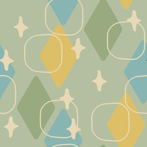 sage green, mustard yellow, dusty blue, cream, geometric shapes, rounded squares, diamond motifs, triangular forms, four-pointed stars, mid-century modern, retro style, abstract pattern, overlapping elements, muted tones,, fabric panel, vintage inspired, atomic age, modernist design, soft pastels