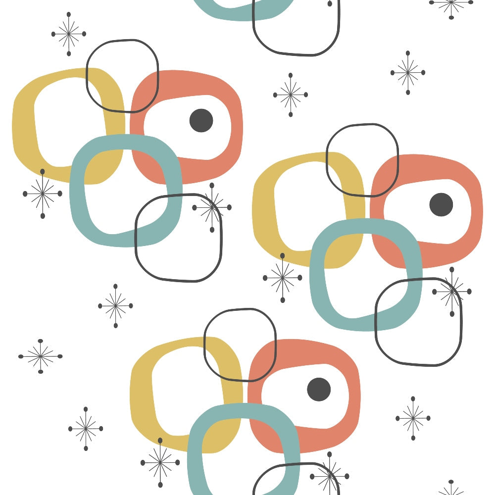 mid-century modern, atomic starburst, retro pattern, coral orange, sage green, mustard yellow, geometric shapes, interlocking rings, abstract design, vintage style,, fabric panel, 1950s inspired, modernist, organic shapes, boomerang motifs, scattered stars, playful composition, contemporary quilting