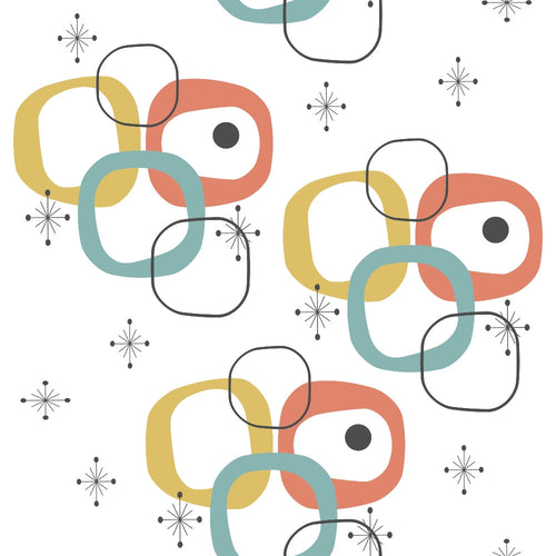 mid-century modern, atomic starburst, retro pattern, coral orange, sage green, mustard yellow, geometric shapes, interlocking rings, abstract design, vintage style,, fabric panel, 1950s inspired, modernist, organic shapes, boomerang motifs, scattered stars, playful composition, contemporary quilting