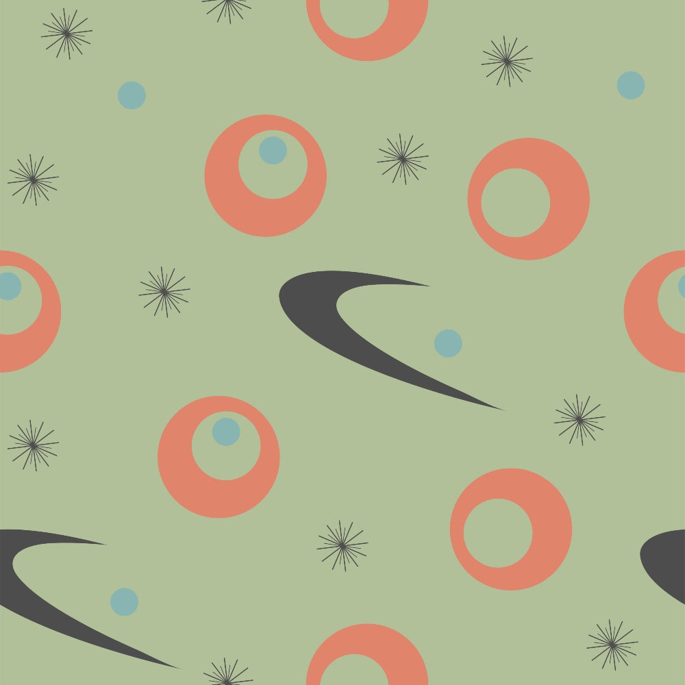 sage green, coral pink, blue dots, mid-century modern, atomic age, boomerang shapes, starburst motifs, geometric circles, retro pattern,, fabric panel, 1950s style, modernist design, space age, abstract shapes, vintage inspired, crafting material, sewing fabric, atomic era, minimalist geometric