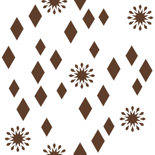 brown, cream, white, diamonds, geometric shapes, starburst flowers, mid-century modern, atomic age, retro pattern, scattered motifs,, fabric panel, minimalist design, vintage style, 1950s inspired, abstract florals, angular diamonds, repetitive pattern, craft fabric
