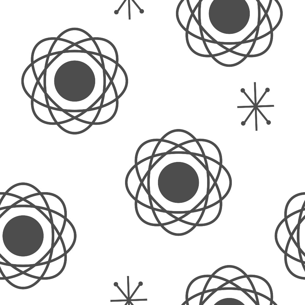 atomic symbols, mid-century modern, retro pattern, scientific motifs, molecular structure, atomic diagrams, geometric shapes, nuclear symbols, vintage science, space age design, orbital patterns, electrons, atom illustrations, 1950s style, modernist graphics, chemistry symbols, physics motifs, educational pattern, retro futuristic