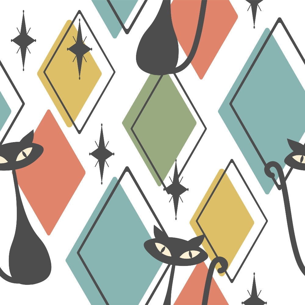 teal, coral, yellow, sage green, charcoal gray, diamond shapes, geometric pattern, black cats, starburst motifs, mid-century modern, atomic age, retro style, stylized cats, angular design,, fabric panel, 1950s inspired, modernist aesthetic, abstract elements, clean lines