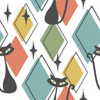 teal, coral, yellow, sage green, charcoal gray, diamond shapes, geometric pattern, black cats, starburst motifs, mid-century modern, atomic age, retro style, stylized cats, angular design,, fabric panel, 1950s inspired, modernist aesthetic, abstract elements, clean lines