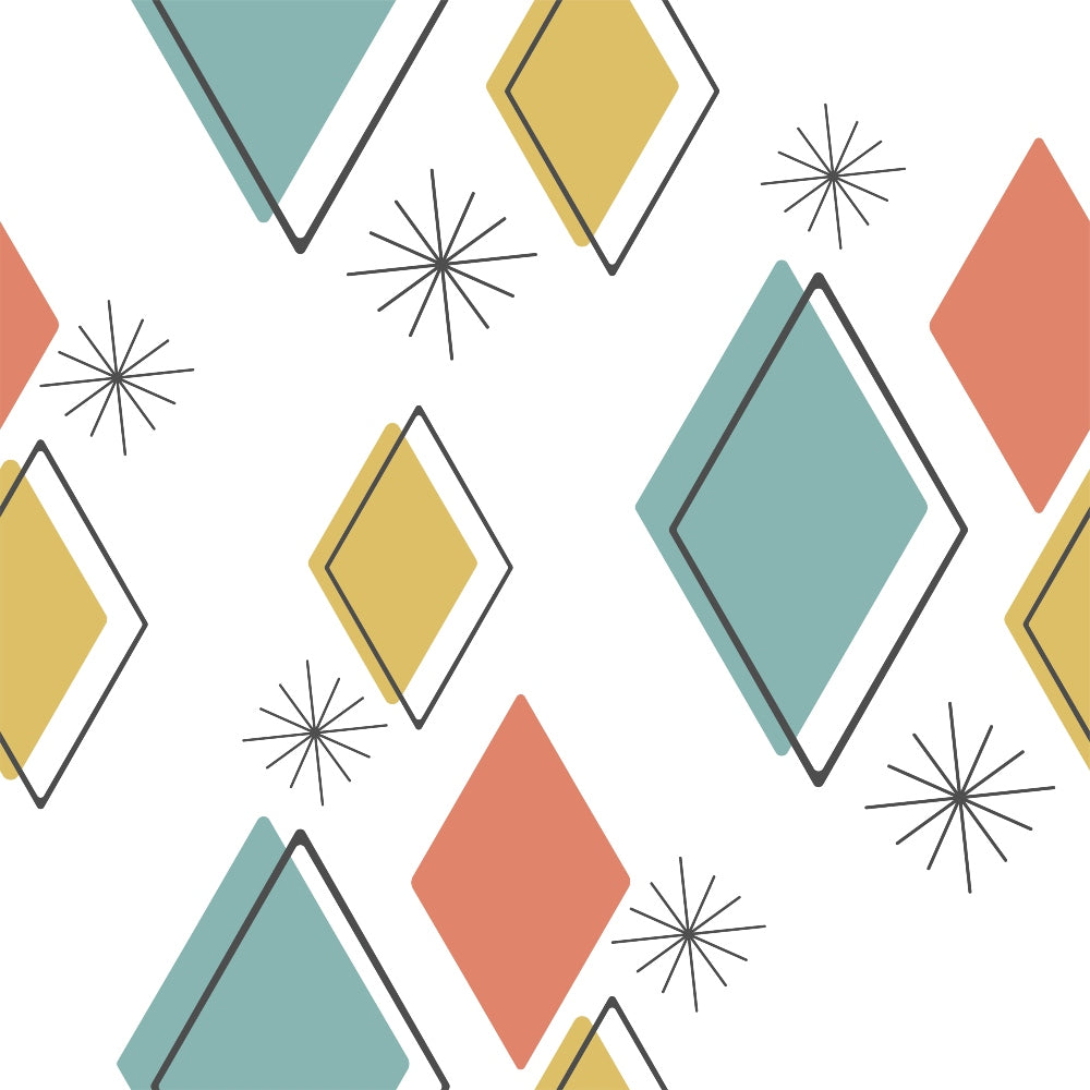 mid-century modern, geometric shapes, diamond patterns, triangular forms, starburst motifs, atomic age, retro design, teal green, mustard yellow, coral orange, white background, angular geometry, 1950s style, modernist pattern, abstract shapes,, fabric panel, minimalist design, space age, vintage inspired