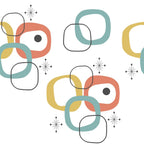 mid-century modern, atomic starburst, coral orange, sage green, mustard yellow, geometric shapes, rounded rectangles, interconnected rings, retro pattern, 1950s style, abstract design,, fabric panel, minimalist, clean lines, vintage inspired, boomerang shapes, atomic age, modernist