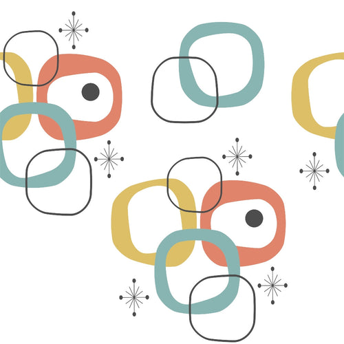 mid-century modern, atomic starburst, coral orange, sage green, mustard yellow, geometric shapes, rounded rectangles, interconnected rings, retro pattern, 1950s style, abstract design,, fabric panel, minimalist, clean lines, vintage inspired, boomerang shapes, atomic age, modernist