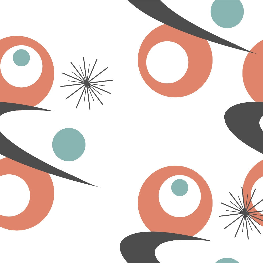 coral orange, teal green, charcoal gray, white background, geometric circles, starburst motifs, atomic design, boomerang shapes, mid-century modern, retro style, abstract pattern,, fabric panel, 1950s inspired, atomic age, geometric shapes, minimalist design, vintage aesthetic