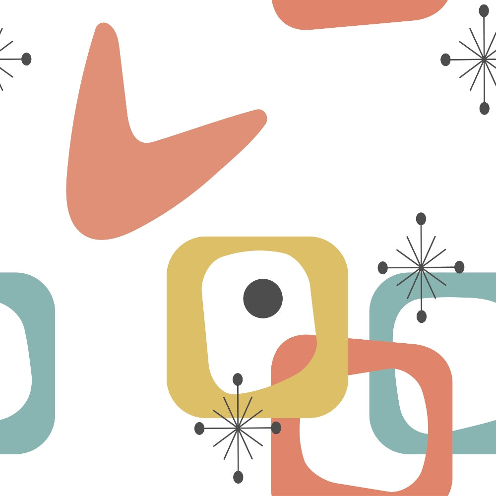 mid-century modern, abstract shapes, geometric pattern, coral orange, sage green, mustard yellow, teal blue, starburst motifs, atomic age, boomerang shapes, rounded rectangles, retro design,, fabric panel, modernist style, minimalist pattern, vintage inspired, contemporary geometric, clean lines