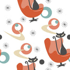 orange, coral, teal, beige, black, white, mid-century modern, atomic age, boomerang shapes, starburst patterns, stylized cats, geometric circles, retro design, minimalist style, abstract shapes, silhouette cats, modernist art, 1950s inspired,, fabric panel, scattered motifs, vintage aesthetic