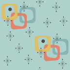 mint green, coral pink, mustard yellow, sage green, mid-century modern, atomic starbursts, geometric shapes, interlocking squares, retro pattern, vintage style, starburst motifs, overlapping forms, modern geometric,, fabric panel, 1950s inspired, pastel palette, abstract design, repeating pattern, contemporary quilting