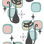 mid-century modern, black cats, stylized cats, atomic starbursts, geometric shapes, teal, sage green, blush pink, cream, charcoal black, retro pattern, 1950s style, minimalist design, rounded rectangles, starburst motifs,, fabric panel, sleek silhouettes, modern art, vintage inspired