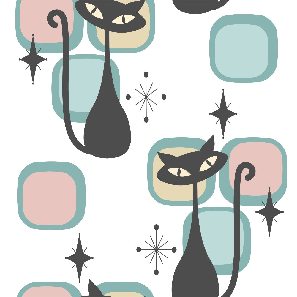mid-century modern, black cats, stylized cats, atomic starbursts, geometric shapes, teal, sage green, blush pink, cream, charcoal black, retro pattern, 1950s style, minimalist design, rounded rectangles, starburst motifs,, fabric panel, sleek silhouettes, modern art, vintage inspired