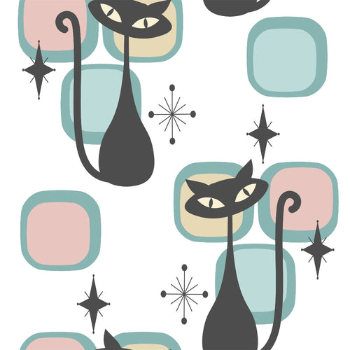 mid-century modern, black cats, stylized cats, atomic starbursts, geometric shapes, teal, sage green, blush pink, cream, charcoal black, retro pattern, 1950s style, minimalist design, rounded rectangles, starburst motifs,, fabric panel, sleek silhouettes, modern art, vintage inspired